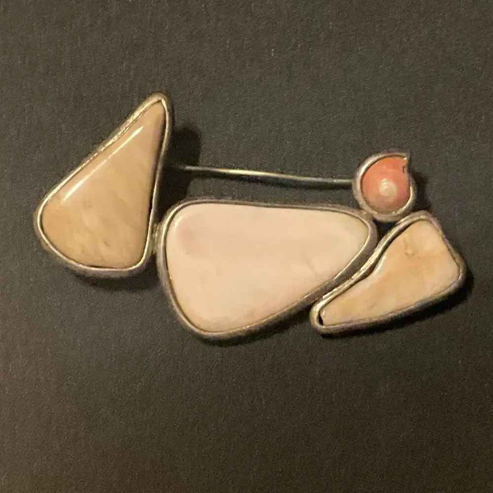 Vintage 925 Silver Jasper Agate Abstract Artisan Made Brooch